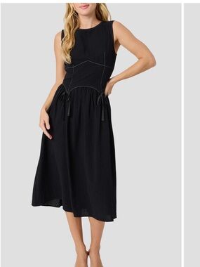 Lush Sleeveless Black Midi Dress 100% cotton bow detail ladies size L NWT